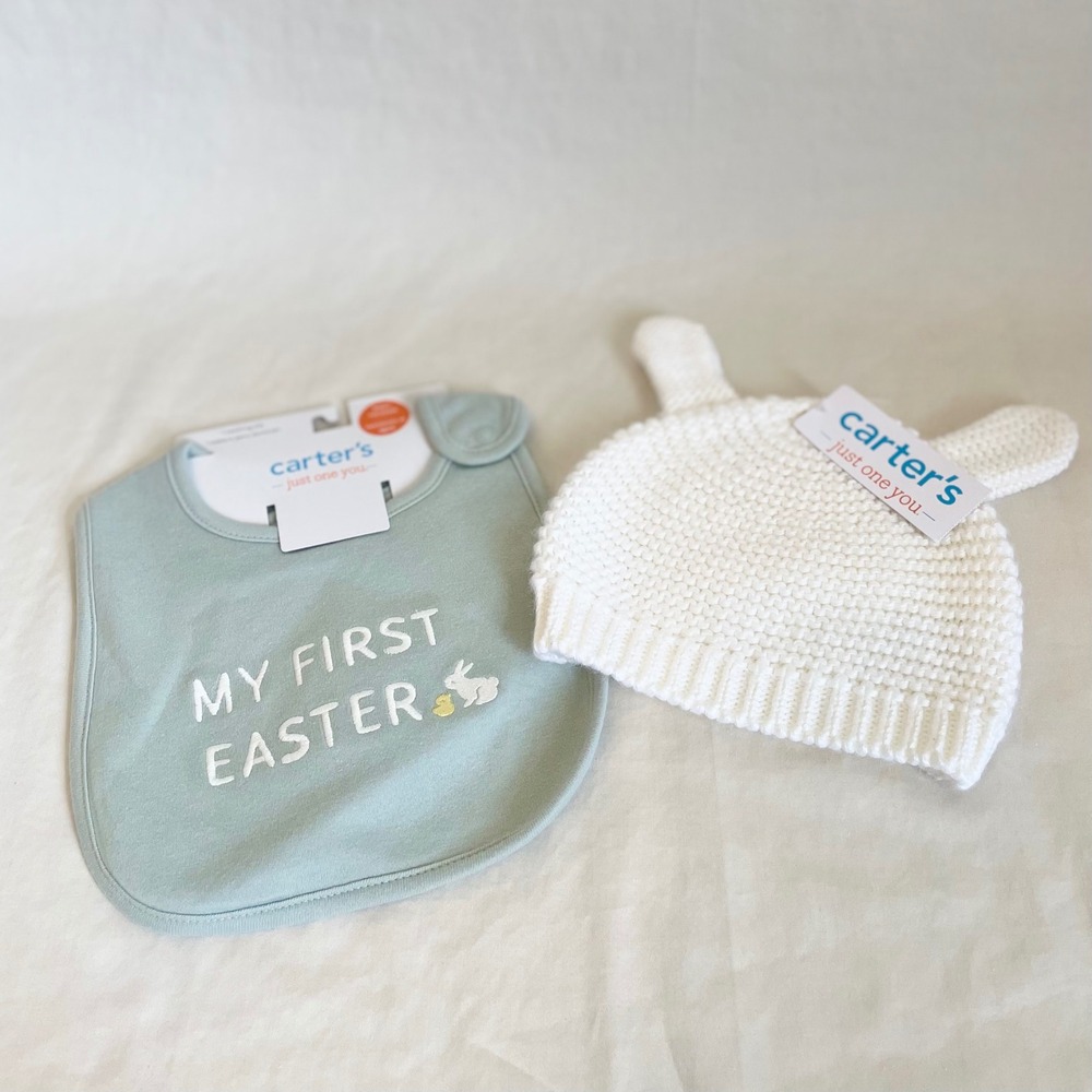 Carters Just One You My First Easter Bib and Bunny Ear Knit Beanie Set NWT
